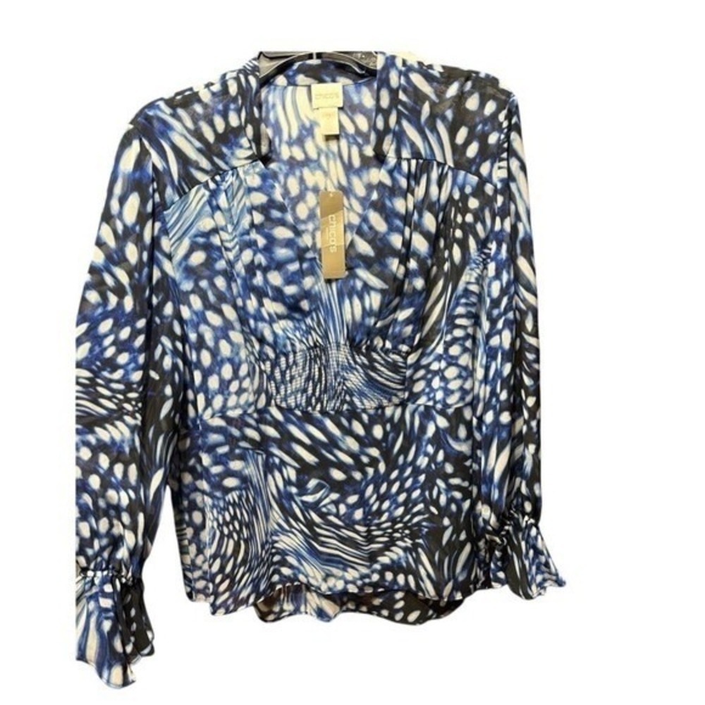 Chico's Mosaic Bi Color Tunic Womens 2 L Blue Abstract Smocked V-Neck Blouse New